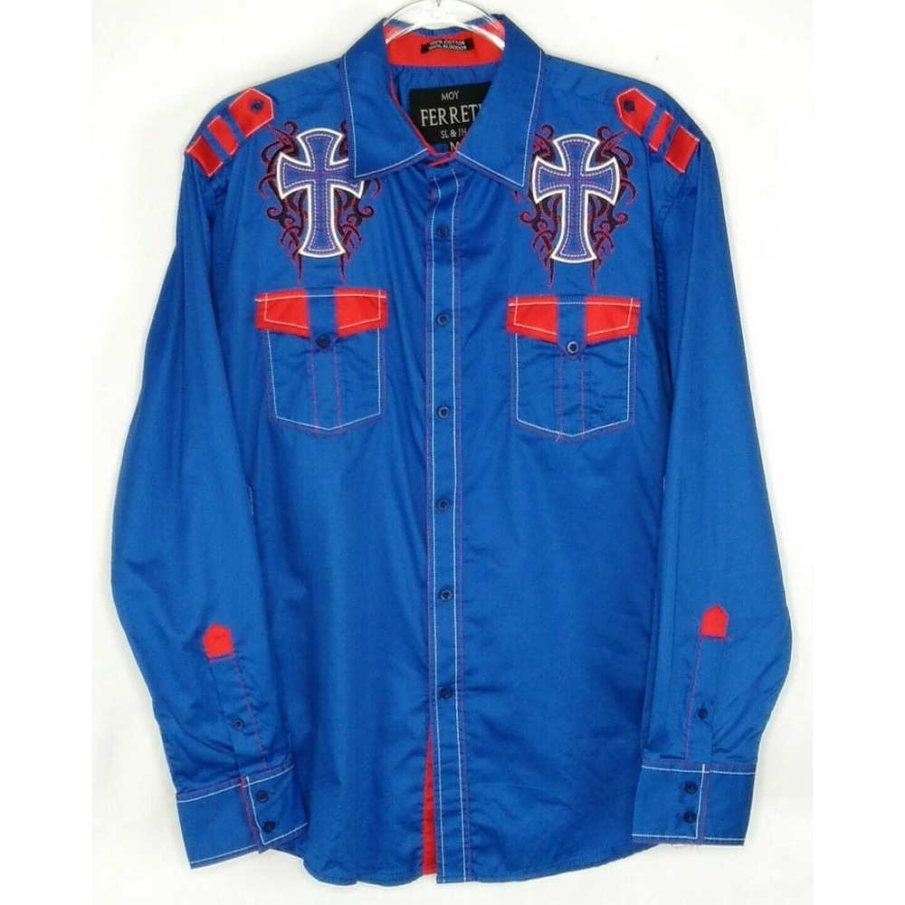 Moy Ferreti Mens Shirt Size M Embroidered Colorblock Button Up Long Sleeve Blue